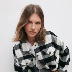 ZARA Black White Buffalo Plaid Flannel Shacket Jacket Oversized Fall Layering M